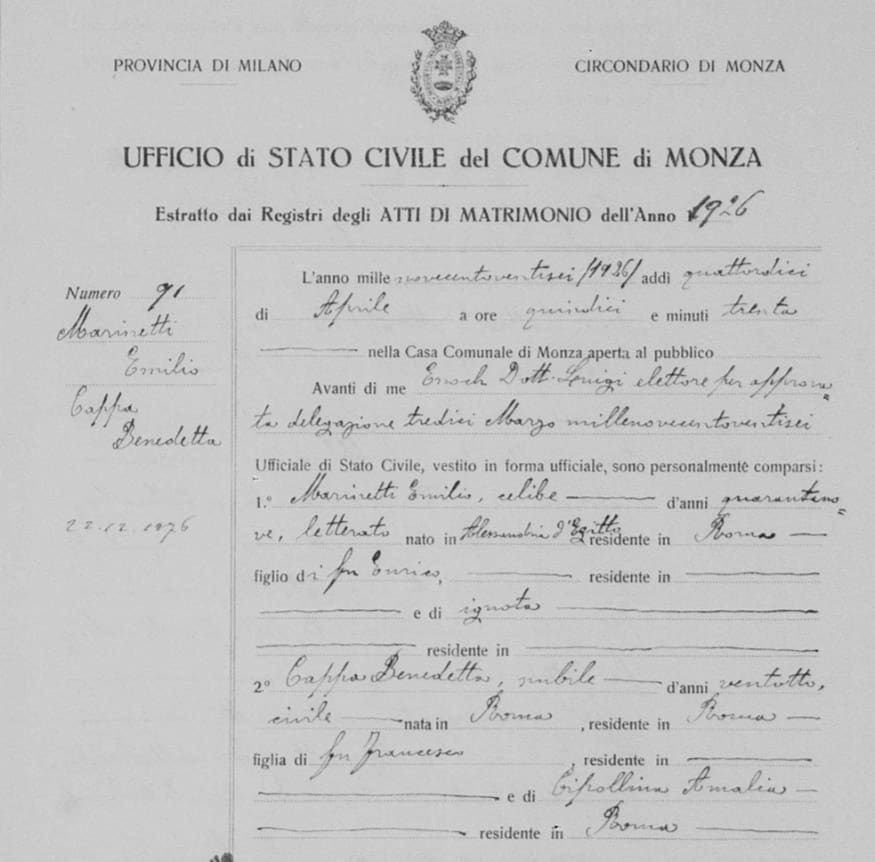 Certificato di matrimonio fra Marinetti e Benedetta Cappa