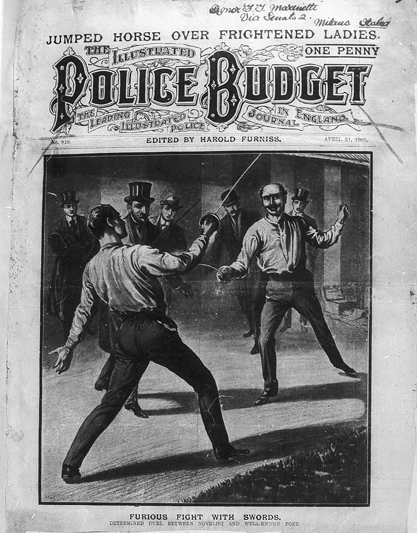Illustrazione del duello Marinetti Vs Hirsh sulla copertina del «Police Budget»